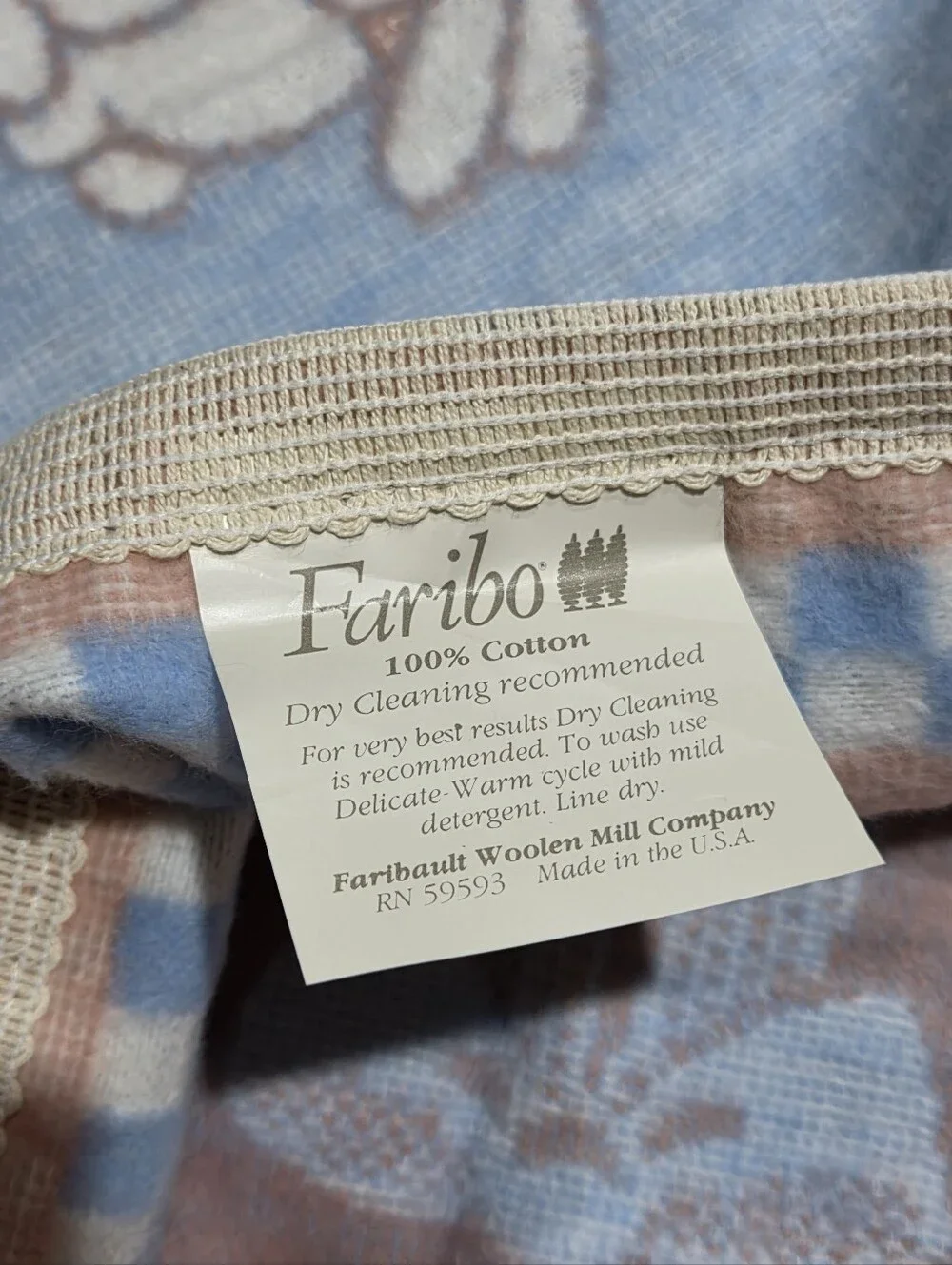 Vintage Faribo Cotton Tales Bunny Rabbit Bow Pink Blue Cotton Baby Kid Blanket